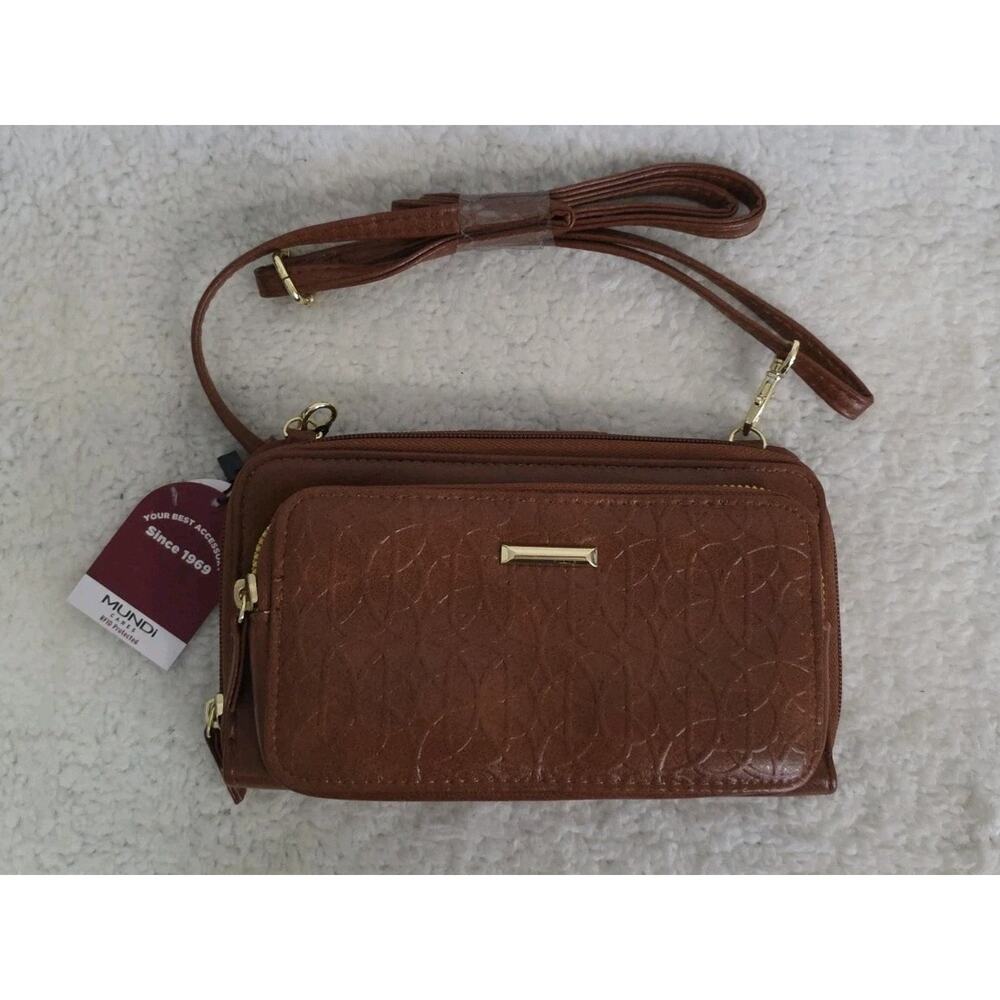 Mundi Crossbody Bag Wallet Phone Holder Cognac Brown Faux Leather Small NWT